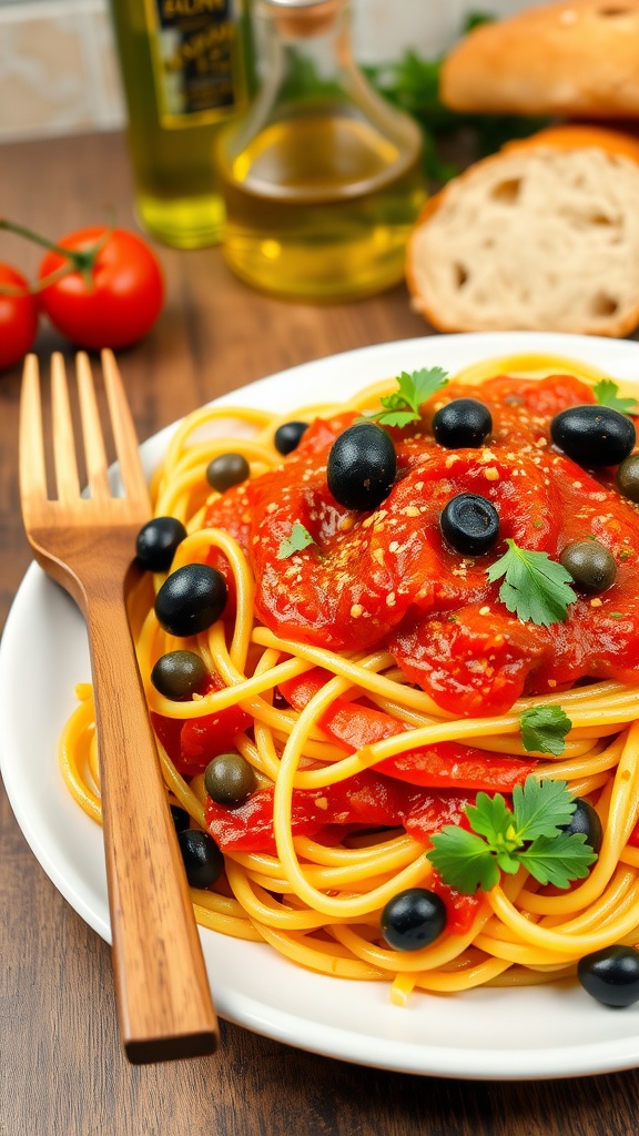 Spicy Pasta Puttanesca Recipe A plate of spaghetti puttanesca with tomato sauce, olives, capers, and parsley, served with rustic kitchen decor.